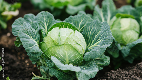 copy space, stockphoto, close up of white cabbage growing in the garden. Growing vegetables at home. Local production of food. Healthy food concept. Homegrown vegetables in the garden.