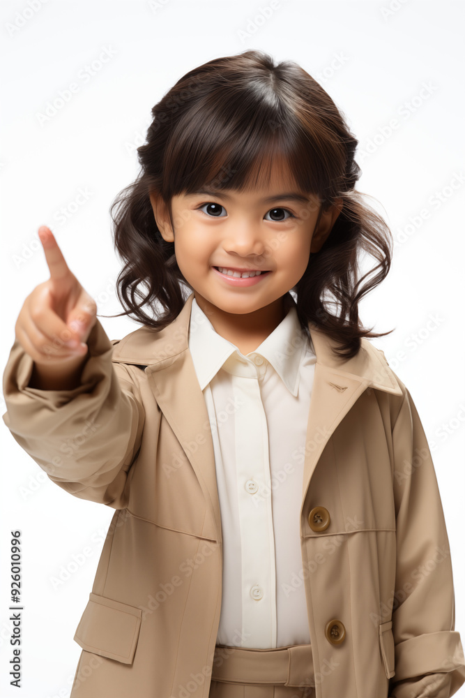young Asian kid wearing a beige outfit is pointing to the camera, isolated on a white isolated background young Asian kid wearing a beige outfit is pointing to the camera, isolated on a white isolated background