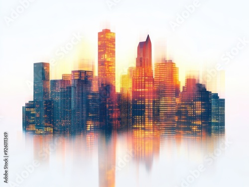 Abstract Modern Cityscape with Skyscrapers at Sunset, Blurred Motion Effect, Urban Skyline