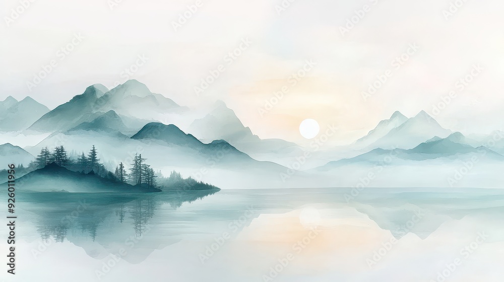 A mountain range with a lake in the foreground and a sun in the sky A mountain range with a lake in the foreground and a sun in the sky