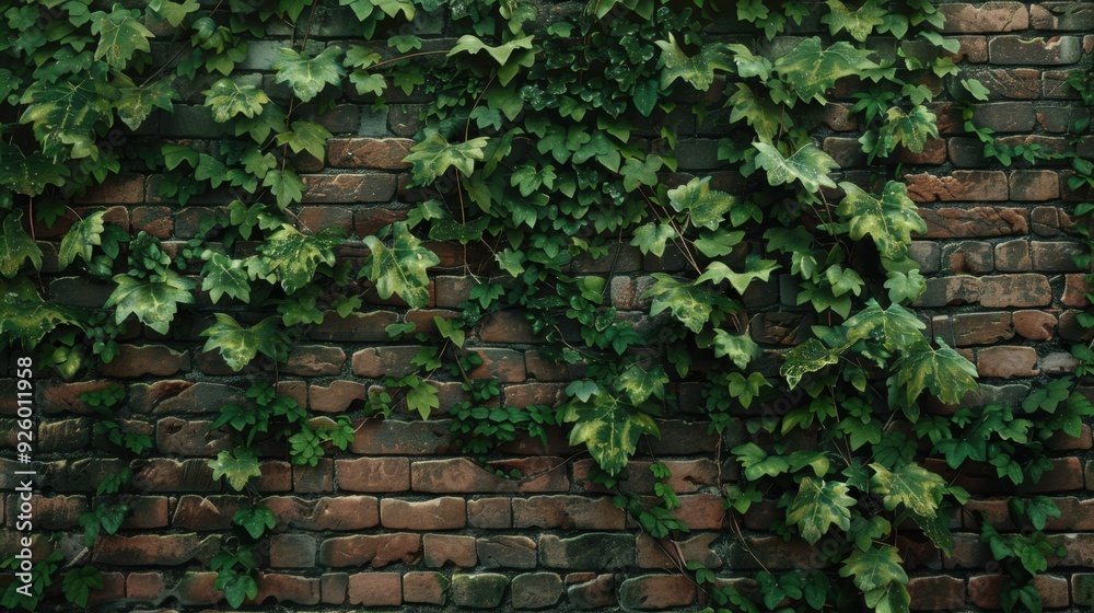 Ivy-covered brick wall with green foliage. Ivy-covered brick wall with green foliage.