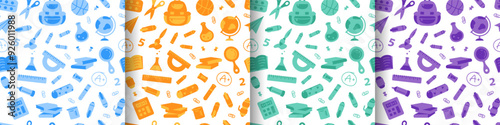 School Pattern set. Concept of school background. School supplies, office stationary. Back to school endless texture, education concept. Vector seamless pattern for print. School Pattern set