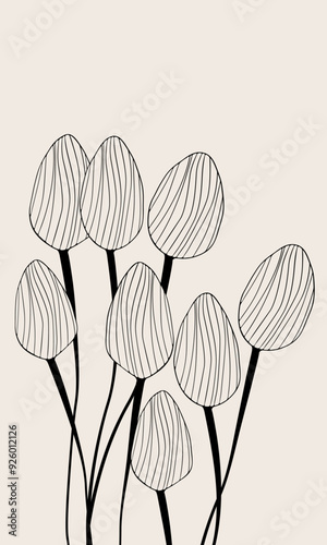 Plants flowers outline illustration vector image. Hand drawn flowers tulips roses sketch images artwork. Simple original logo icon from pen drawing sketch.