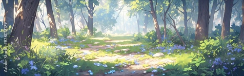 Enchanted Anime-Style Forest with Whimsical Banners: A Mystical Woodland Setting for Game Art and Storybook Illustrations, Perfect as 4K Wallpaper Art.