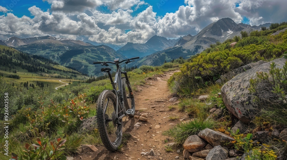 Mountain bike parked on a scenic mountain trail. Mountain bike parked on a scenic mountain trail.