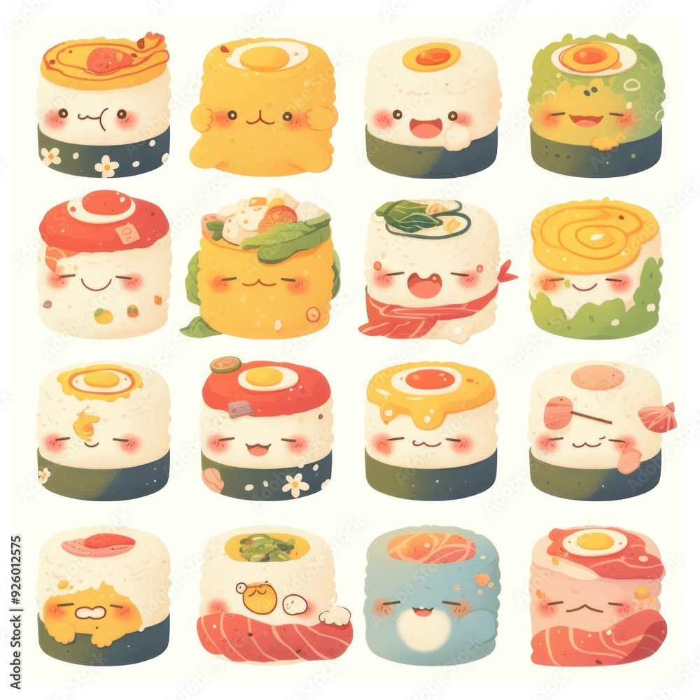 Cute Sushi Illustration with Different Toppings and Expressions Generated with Ai Cute Sushi Illustration with Different Toppings and Expressions Generated with Ai