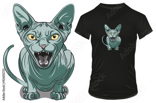 Angry sphynx cat in cartoon style, funny psychocat. Vector illustration for tshirt, website, clip art, poster and print on demand merchandise.