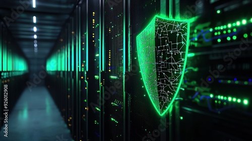 AI and Cyber security, AI Electron currents fast running from the left side hit the modern green shield that glows on the right side from glowing light and digital data connections, on server room photo