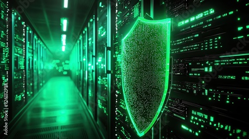 AI and Cyber security, AI Electron currents fast running from the left side hit the modern green shield that glows on the right side from glowing light and digital data connections, on server room