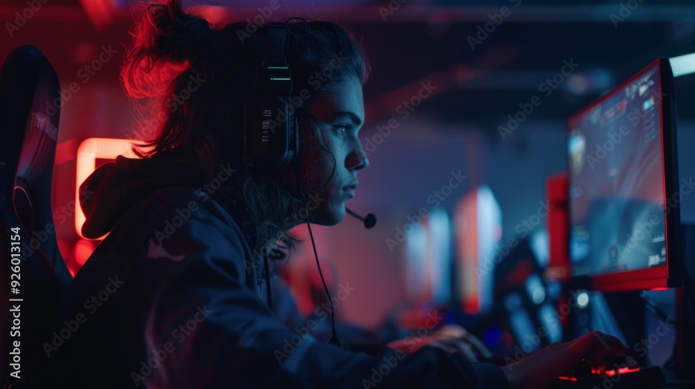 Fototapeta premium Intense Esports Tournament Gaming - Focused Player at Computer in Dimly Lit Room