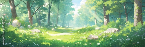Enchanted Anime-Style Forest with Whimsical Banners: A Mystical Woodland Setting for Game Art and Storybook Illustrations, Perfect as 4K Wallpaper Art.