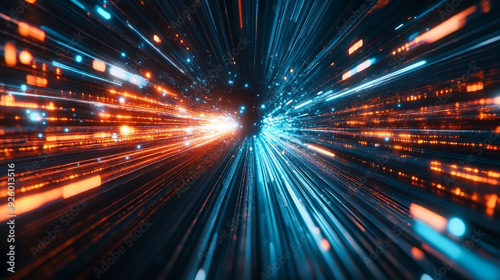 Abstract background of blue and orange light streaks converging in the center.