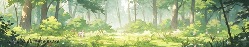 Enchanted Anime-Style Forest with Whimsical Banners: A Mystical Woodland Setting for Game Art and Storybook Illustrations, Perfect as 4K Wallpaper Art.