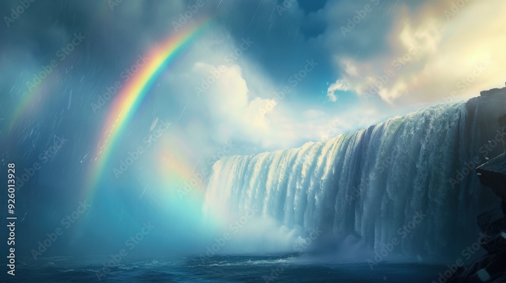 Fototapeta premium Rainbow arcing over a powerful waterfall.