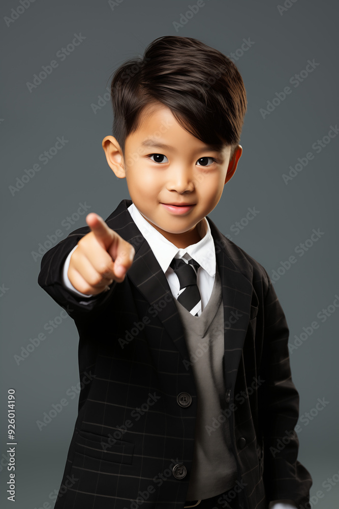 young Asian kid wearing a black outfit is doing a thumb up, isolated on a white isolated background young Asian kid wearing a black outfit is doing a thumb up, isolated on a white isolated background