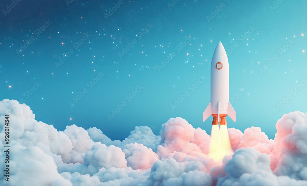 Fototapeta premium 3D rendering of a white and white rocket flying over white clouds