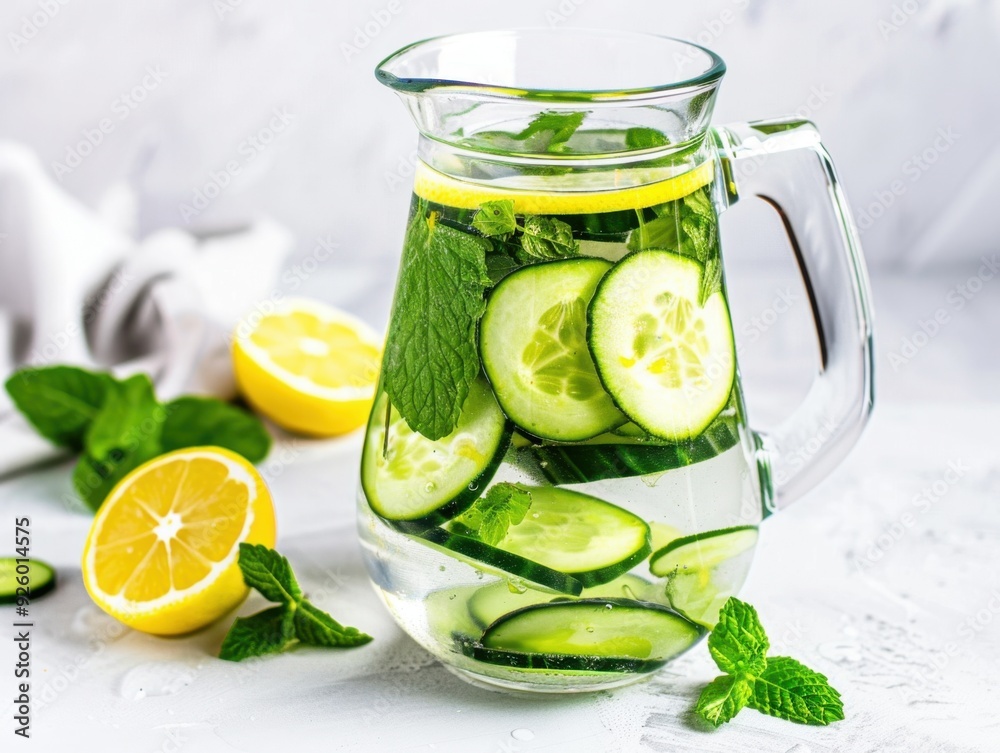 A refreshing pitcher of infused water with cucumber, lemon, and mint. A refreshing pitcher of infused water with cucumber, lemon, and mint.