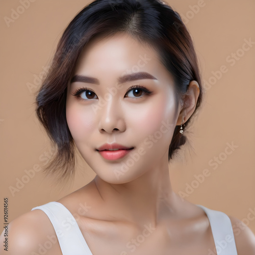 Portrait of an Asian female model, beautiful, confident and generous, smiling at the camera, with clean and smooth skin, cosmetics product image