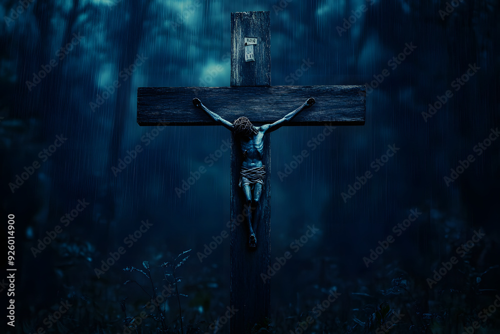 Naklejka premium wood jesus cross, dark black blue horror night background, scary haunted thriller theme, good friday,&nbsp;