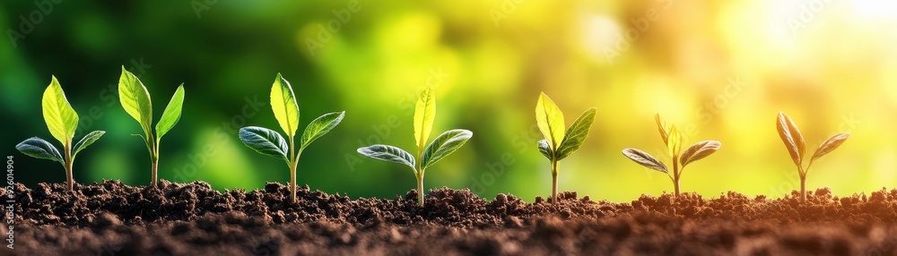 Young Green Plants Growing in Soil with Sunlight in the Background, Symbolizing Growth and New Beginnings Young Green Plants Growing in Soil with Sunlight in the Background, Symbolizing Growth and New Beginnings