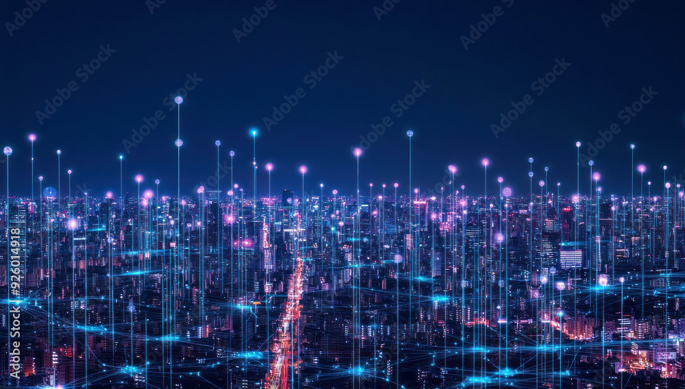 Fototapeta premium Smart city with network connections and data transfers on a night background