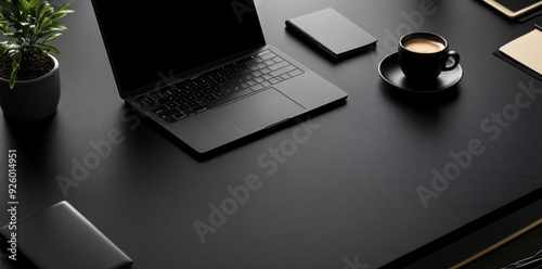 Elegant black office desk with laptop and black coffee