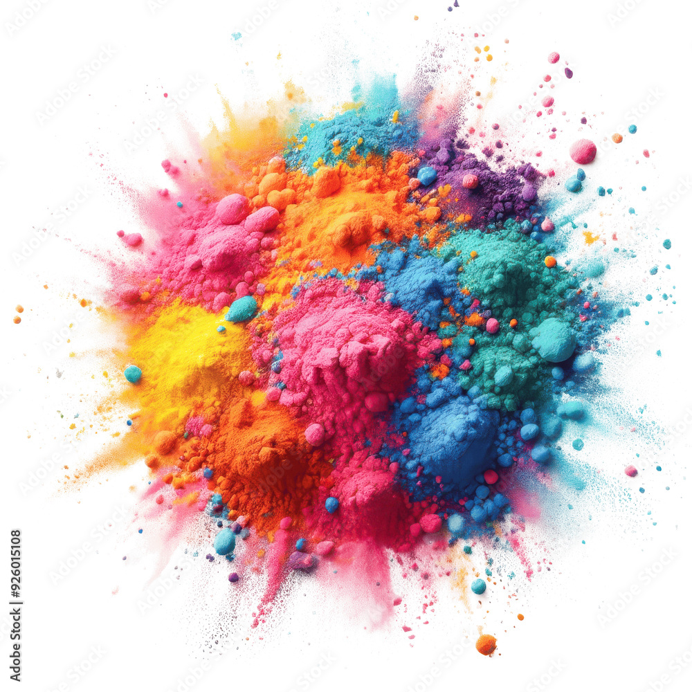 Fototapeta premium Colored powder explosion on a white background. Abstract closeup dust on backdrop. Colorful explode. Holi celebration transparent background PNG Image