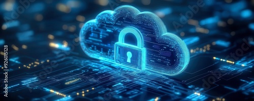 A digital illustration of a secure cloud symbol with a lock representing advanced cybersecurity and data protection.