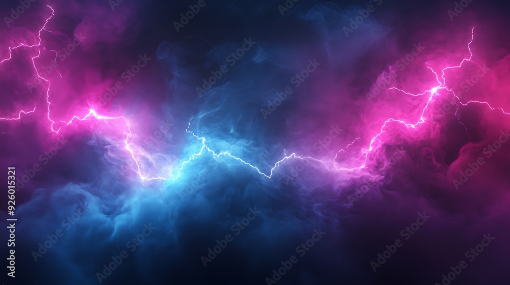 Abstract background with bright blue and pink neon light streaks and blurred smoke on a black background. Abstract background with bright blue and pink neon light streaks and blurred smoke on a black background.