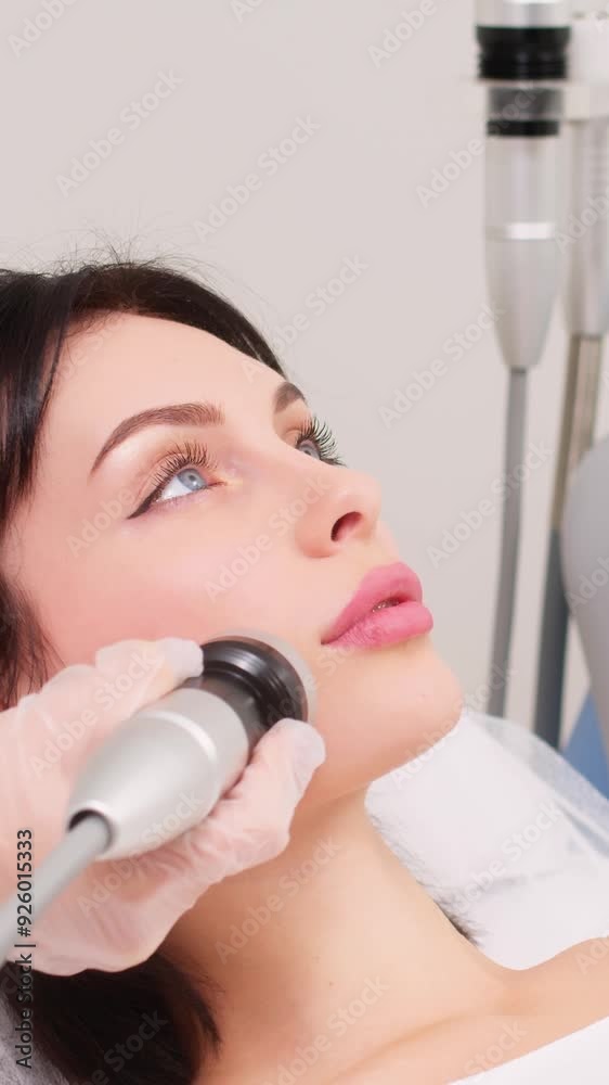 Close-up of a young girl undergoing fractional radiofrequency facelift at a medical center, skin rejuvenation concept. Cosmetic procedures advertising concept. Vertical video. Close-up of a young girl undergoing fractional radiofrequency facelift at a medical center, skin rejuvenation concept. Cosmetic procedures advertising concept. Vertical video.