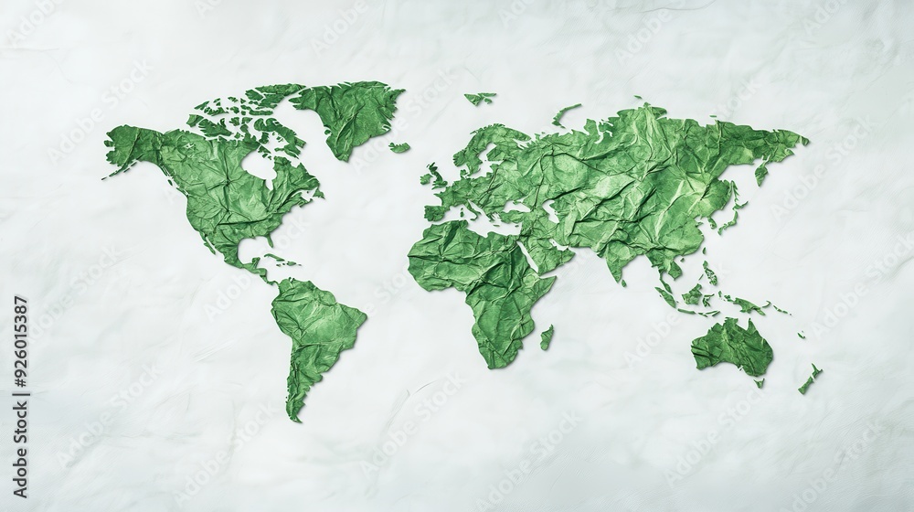 Fototapeta Green World Map Made of Crumpled Paper on White Background Representing Environmental Conservation