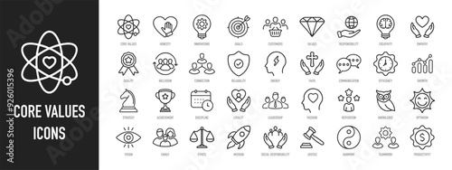 Core values web icons in line style. Empathy, passion, social responsibility, honesty, reputation, love, family, mission, customers. Vector illustration.