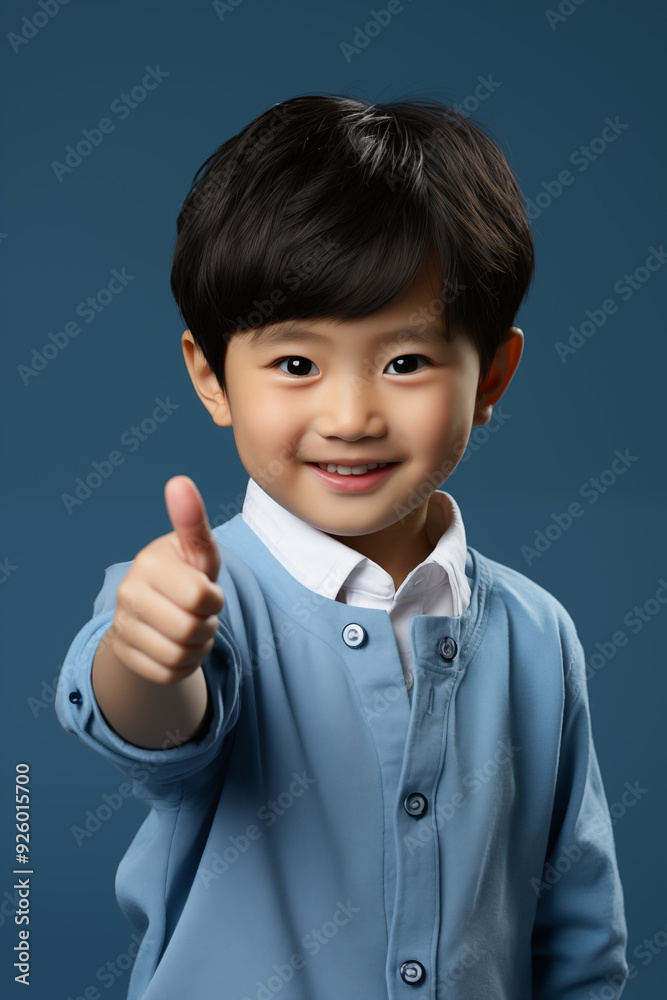 young Asian kid wearing a beige outfit is doing a thumb up, isolated on a white isolated background young Asian kid wearing a beige outfit is doing a thumb up, isolated on a white isolated background