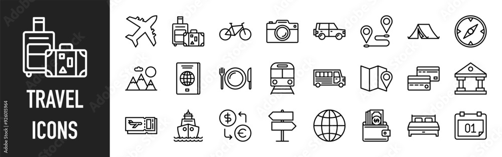Travel web icons in line style. Tourism, distance, vacation, holiday, luggage, passport, airplane, bicycle, automobile. Editable stroke. Vector illustration. Travel web icons in line style. Tourism, distance, vacation, holiday, luggage, passport, airplane, bicycle, automobile. Editable stroke. Vector illustration.