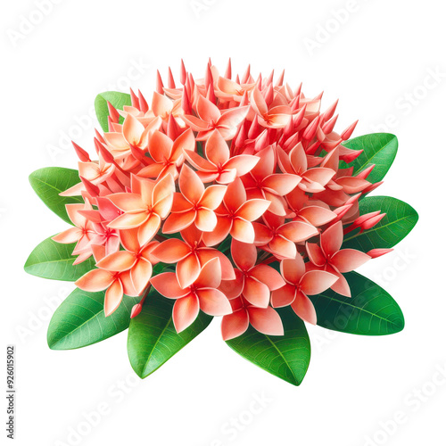 Ixora flower with leaves isolated on transparent background, Ixora chinensis, Thetti Poovu PNG image photo