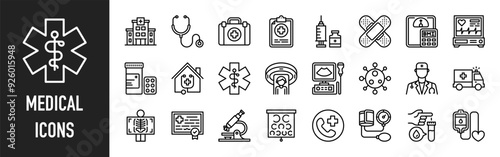 Medical web icons in line style. Healthcare, medicine, check up, doctor, pharmacy, lab, MRI, ambulance, first aid. Editable stroke. Vector illustration.