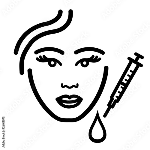 Facial Woman Beauty Procedure Line Icon. Injection  Linear Pictogram. Girl Face Skin Care Outline Icon. Editable Stroke. Isolated Vector Illustration Female face, beauty injection, syringe Cosmetology