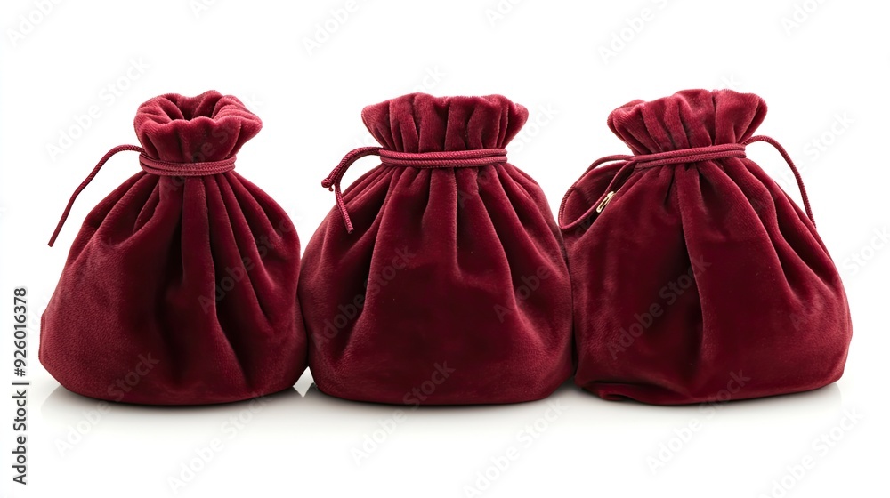 Three red velvet pouches with drawstrings. Perfect for showcasing luxury jewelry or gifts, adding a touch of elegance. Three red velvet pouches with drawstrings. Perfect for showcasing luxury jewelry or gifts, adding a touch of elegance.
