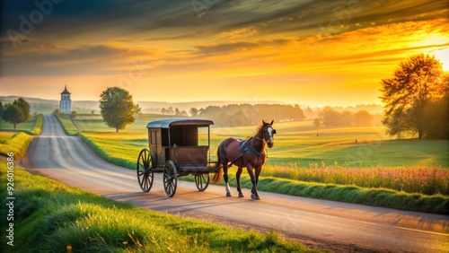 Amish horse and buggy in the early morning sun of summer, Amish, horse and buggy, early morning, sun, summer