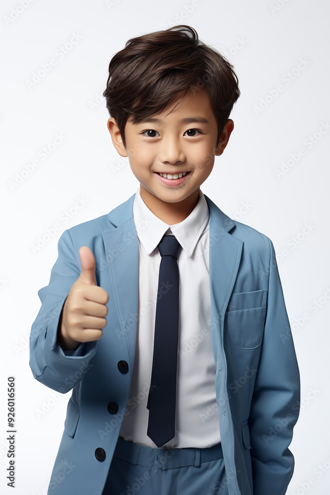 young Asian kid wearing a beige outfit is doing a thumb up, isolated on a white isolated background young Asian kid wearing a beige outfit is doing a thumb up, isolated on a white isolated background