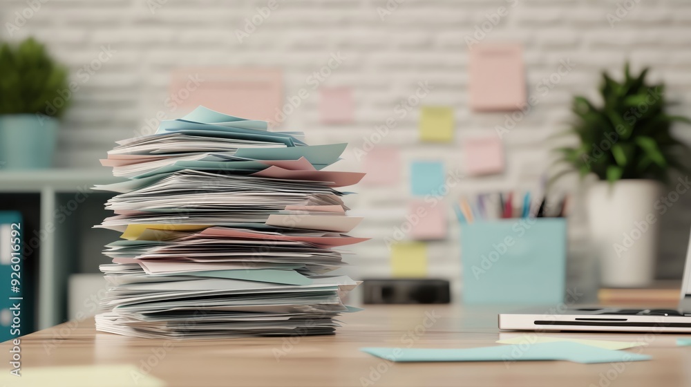 Overdue utility bills piling up on a desk, feeling of anxiety, 3D illustration Overdue utility bills piling up on a desk, feeling of anxiety, 3D illustration