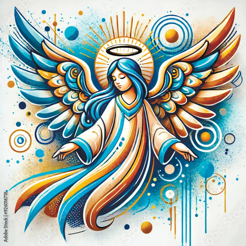 Beautiful floating angel with large golden blue wings and glowing halo. Abstract drawing vector background with angel, sun, circles, gold glitter.