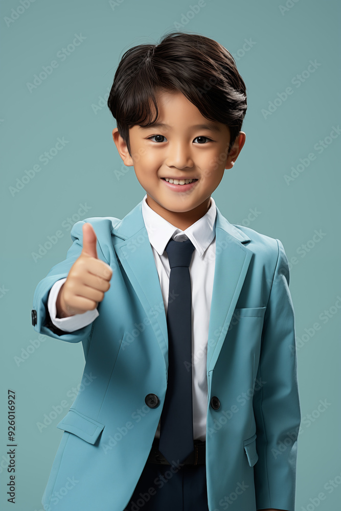 young Asian kid wearing a beige outfit is doing a thumb up, isolated on a white isolated background