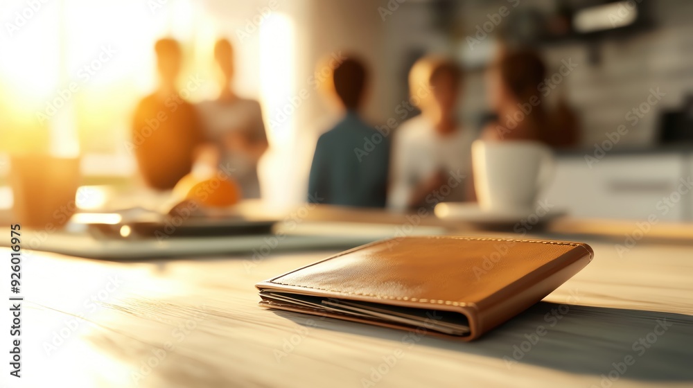 Empty wallet on a kitchen table, worried family in the background, 3D illustration Empty wallet on a kitchen table, worried family in the background, 3D illustration