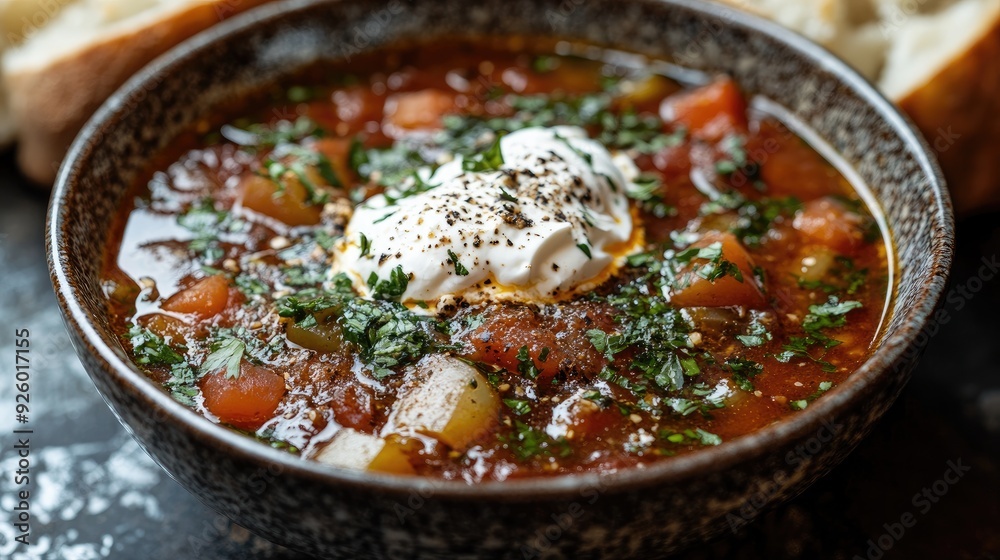 Bowl of tomato soup with sour cream. Perfect for a website showcasing a culinary recipe or blog post. Bowl of tomato soup with sour cream. Perfect for a website showcasing a culinary recipe or blog post.