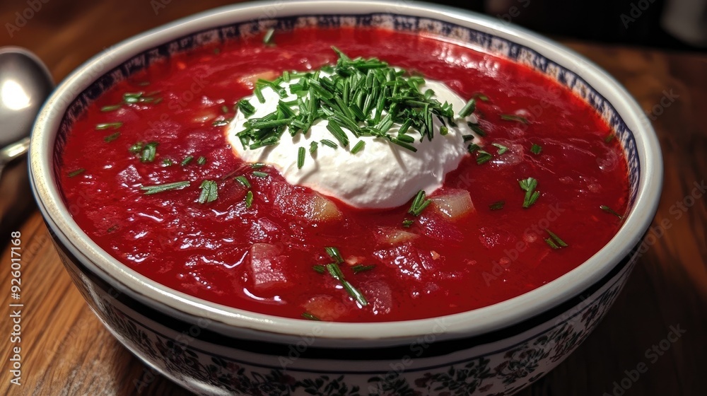 A bowl of red beet soup with sour cream. Perfect for illustrating a recipe, a cooking blog, or an article on Eastern European cuisine. A bowl of red beet soup with sour cream. Perfect for illustrating a recipe, a cooking blog, or an article on Eastern European cuisine.