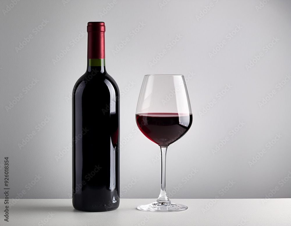 Glass and bottle of red wine on white minimalist background Glass and bottle of red wine on white minimalist background