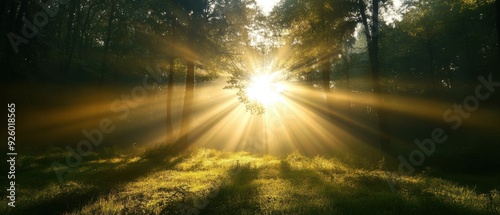 Sunlight Streaming Through Forest Trees Creating a Serene and Magical Atmosphere in a Lush Green Woodland