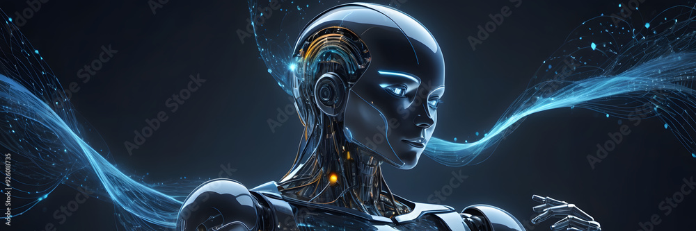 An AI robot analyzing data streams flowing through the air, illustrating big data and machine learning. An AI robot analyzing data streams flowing through the air, illustrating big data and machine learning.
