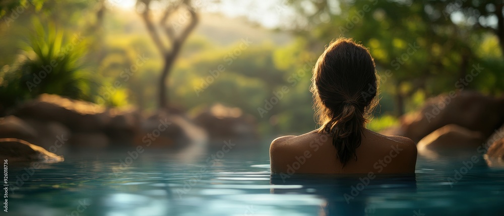 Woman Relaxing in Tranquil Outdoor Pool Surrounded by Lush Greenery and Nature at Sunset Woman Relaxing in Tranquil Outdoor Pool Surrounded by Lush Greenery and Nature at Sunset